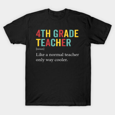 Black "4th Grade Teacher" T-shirt with colorful text, casual style, ideal for educators, made of cotton.