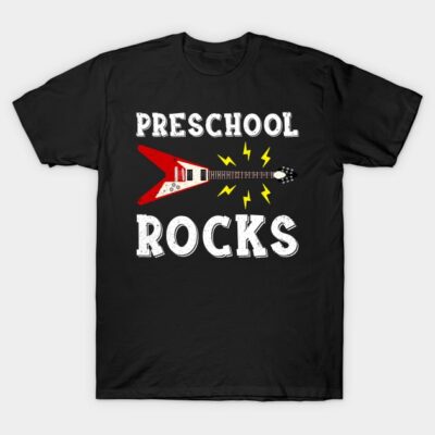 Black t-shirt with "Preschool Rocks" text and red electric guitar graphic, perfect for kids' casual wear.