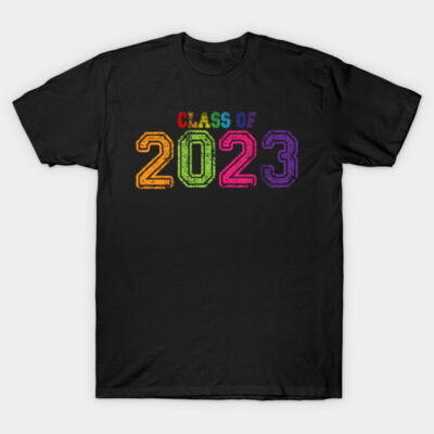 "Black Class of 2023 T-shirt with colorful gradient text; casual graduation apparel for students."