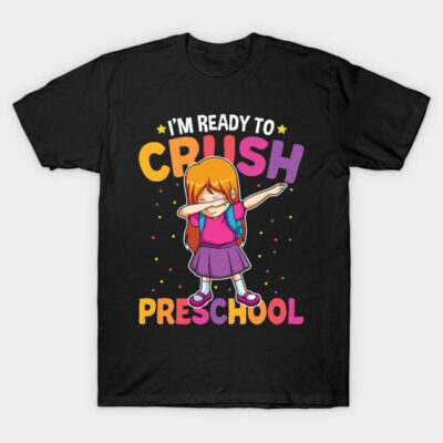 Black children's t-shirt with colorful "I'm Ready to Crush Preschool" graphic, featuring a dabbing cartoon character.