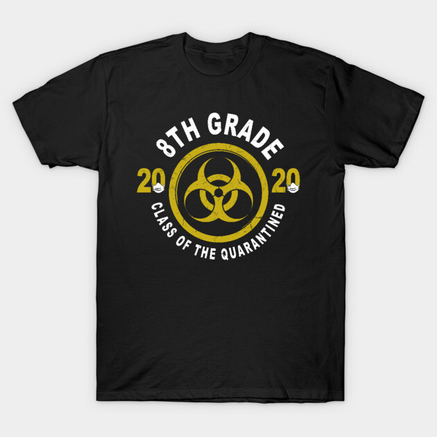Black 8th grade quarantine novelty T-shirt with biohazard symbol, casual style, cotton material, unisex design.