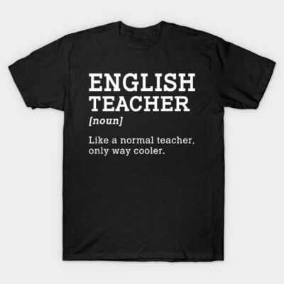 Black cotton t-shirt with "English Teacher" text in white, casual style, ideal for teachers, comfortable daily wear.
