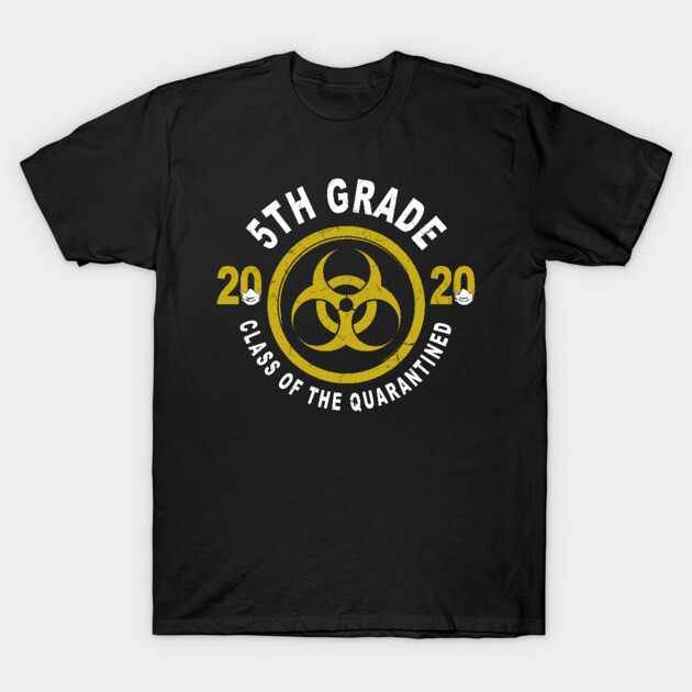 Black "5th Grade Class of the Quarantined" T-shirt with yellow biohazard symbol, cotton, casual wear.