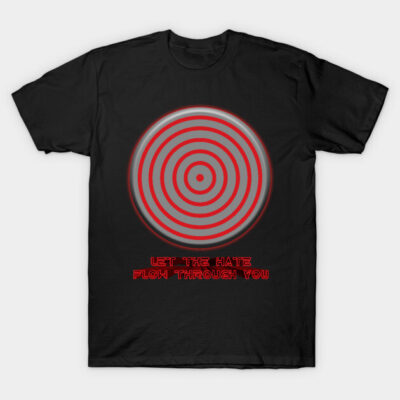 Black t-shirt with red and gray target design and text "Let the Hate Flow Through You" in bold font.