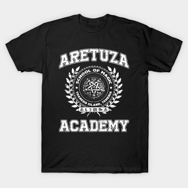 Black "Aretuza Academy" graphic t-shirt featuring magical school emblem, ideal for fantasy fans, 100% cotton.
