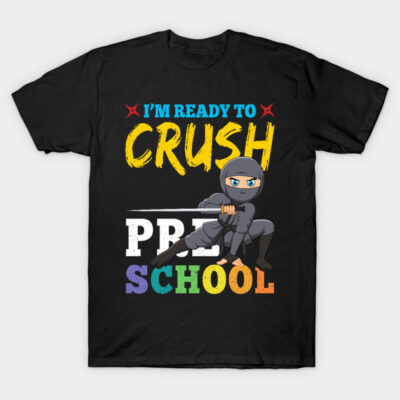 Black kids' ninja-themed graphic t-shirt, colorful "I'm Ready to Crush Preschool" text, fun back-to-school style.