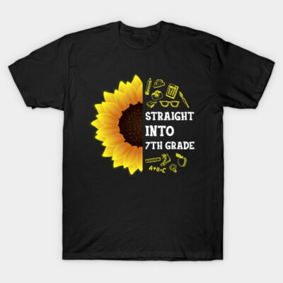 Black t-shirt with sunflower and school-themed design, "Straight Into 7th Grade" text, casual back-to-school style.