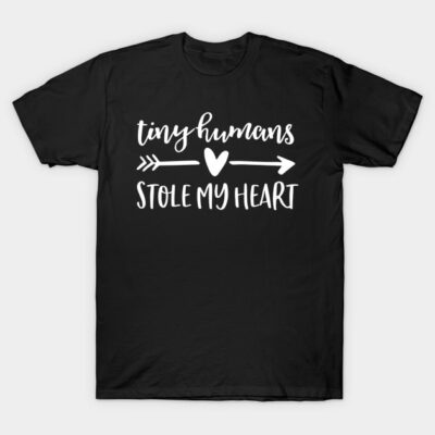 Black T-shirt with white "Tiny Humans Stole My Heart" text, casual style, cotton material, perfect for everyday wear.