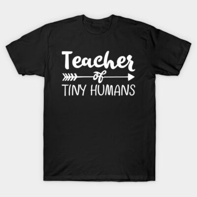 Black t-shirt with "Teacher of Tiny Humans" text in white, featuring an arrow design, ideal for educators.