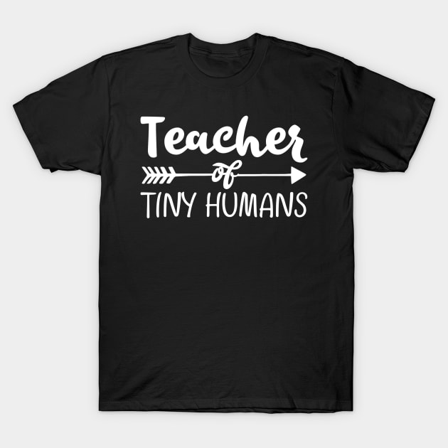 Black t-shirt with "Teacher of Tiny Humans" text in white, featuring an arrow design, ideal for educators.
