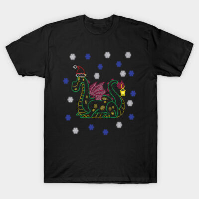 Black t-shirt with festive dragon design, featuring colorful lights and snowflakes, perfect for holiday celebrations.