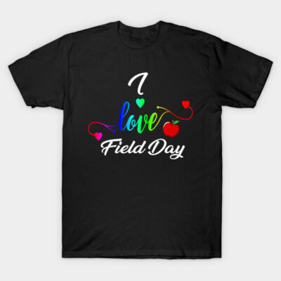 Black "I Love Field Day" T-shirt with colorful text and heart designs, perfect for casual events or school activities.