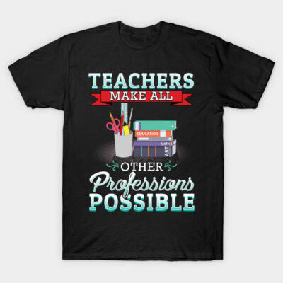 Black t-shirt with colorful teacher-themed graphic, featuring books and stationery, ideal for educators.
