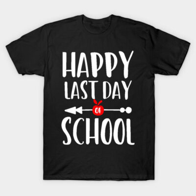 Black "Happy Last Day of School" graphic t-shirt, casual style, ideal for end-of-school celebrations, cotton material.
