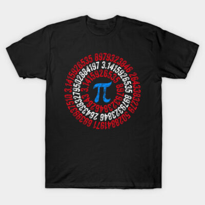 Black t-shirt featuring colorful Pi symbol design with surrounding numbers, perfect for math enthusiasts.
