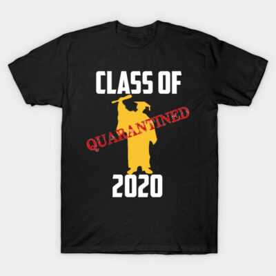 Black "Class of Quarantined 2020" t-shirt with yellow silhouette, casual style, cotton material, unisex fit.