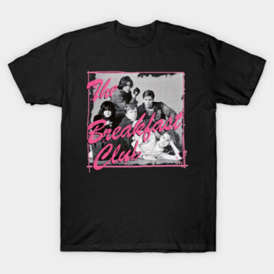 Black T-shirt featuring vintage "The Breakfast Club" graphic with pink text, ideal for casual wear and 80s movie fans.