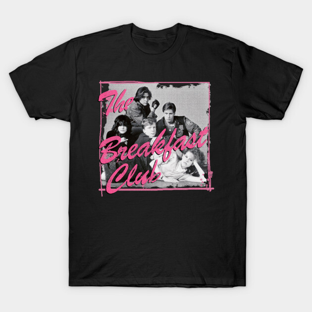 Black T-shirt featuring vintage "The Breakfast Club" graphic with pink text, ideal for casual wear and 80s movie fans.