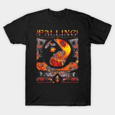 Black t-shirt with vibrant orange and red abstract design, suitable for casual wear, made of 100% cotton.