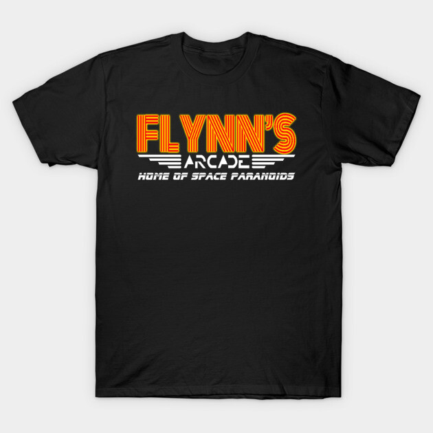 Black t-shirt with retro arcade graphic, featuring bold orange and white text. Perfect for casual wear or gaming fans.