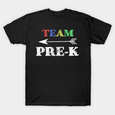 Black "Team Pre-K" t-shirt with colorful text and arrow design, ideal for preschool teachers or staff, cotton material.