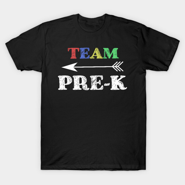Black "Team Pre-K" t-shirt with colorful text and arrow design, ideal for preschool teachers or staff, cotton material.