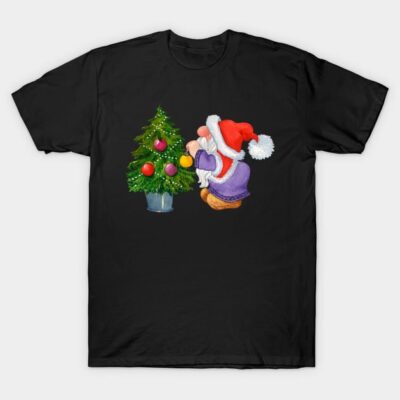 Black t-shirt with festive gnome decorating Christmas tree, colorful ornaments, holiday style, cotton fabric.