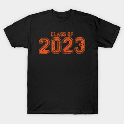 Black "Class of 2023" t-shirt with orange text, casual style, perfect for graduates, soft cotton material.