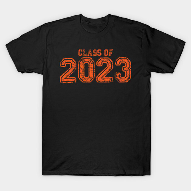 Black "Class of 2023" t-shirt with orange text, casual style, perfect for graduates, soft cotton material.