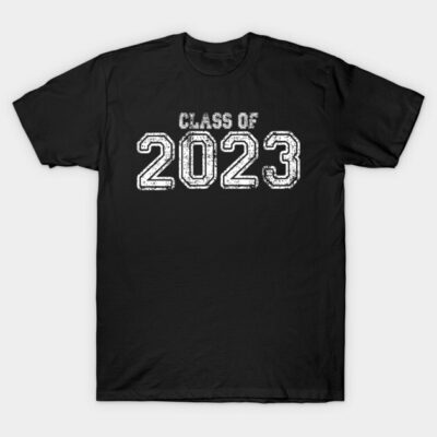 Black "Class of 2023" T-shirt, cotton, casual style, perfect for graduates, bold white text design.