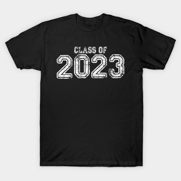 Black "Class of 2023" T-shirt, cotton, casual style, perfect for graduates, bold white text design.