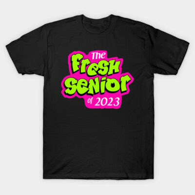 Black "Fresh Senior 2023" T-shirt, neon green and pink text, casual style, perfect for graduation celebration.