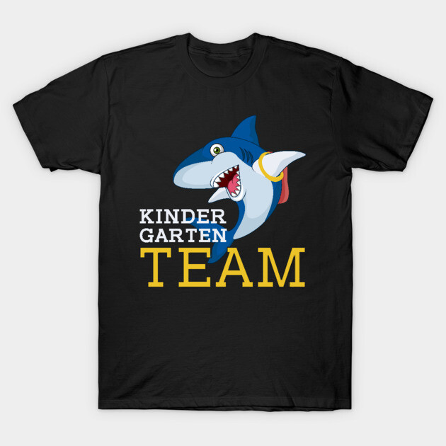 Black kindergarten team t-shirt with playful shark graphic, ideal for school events or casual wear.