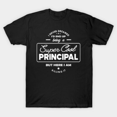 Black cotton T-shirt with white text design, "Super Cool Principal." Casual wear, ideal for educators or gifting.