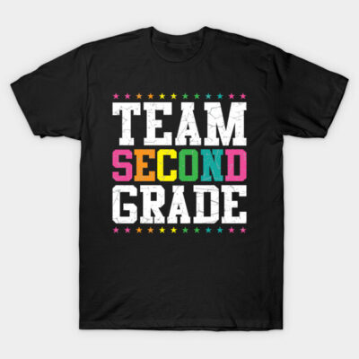 Black "Team Second Grade" T-shirt with colorful text and star accents, perfect for school events or casual wear.