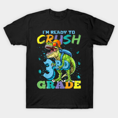 Black T-shirt with colorful "I'm Ready to Crush 3rd Grade" dinosaur design, perfect for back-to-school kids.