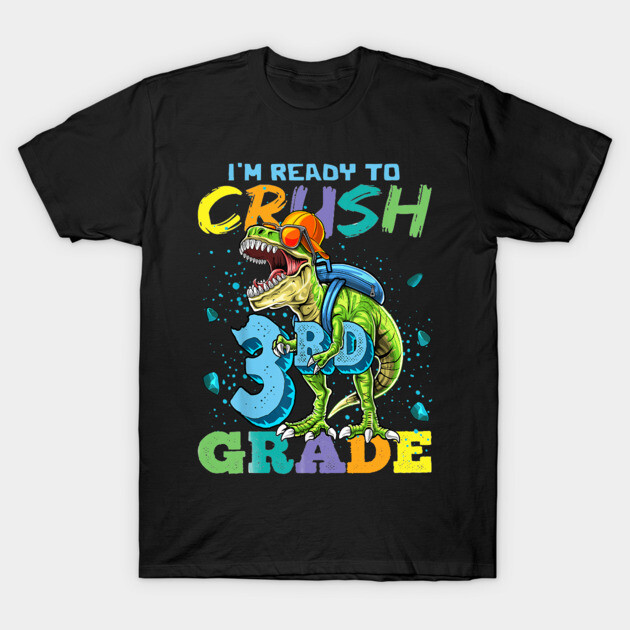 Black T-shirt with colorful "I'm Ready to Crush 3rd Grade" dinosaur design, perfect for back-to-school kids.