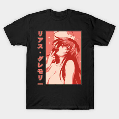 Black graphic t-shirt featuring red anime illustration and Japanese text, casual wear, cotton material.