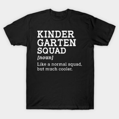 Black "Kindergarten Squad" T-shirt with white bold text, casual style, perfect for fun school events or casual wear.