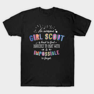 Black t-shirt with colorful "Girl Scout" text, casual style, perfect for scouting events or casual wear. Cotton material.