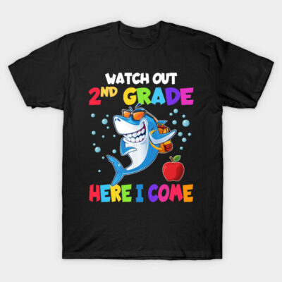 Black "Watch Out 2nd Grade Here I Come" t-shirt with colorful text and cartoon shark, perfect for back-to-school.