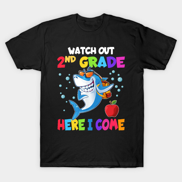 Black "Watch Out 2nd Grade Here I Come" t-shirt with colorful text and cartoon shark, perfect for back-to-school.