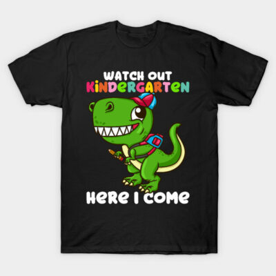 Black t-shirt featuring a colorful dinosaur design with "Watch Out Kindergarten Here I Come" text. Perfect for kids.