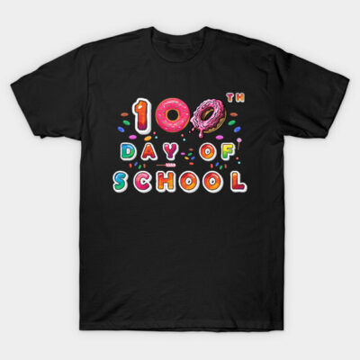 Black "100th Day of School" T-shirt with colorful donut-themed design, ideal for school events and casual wear.