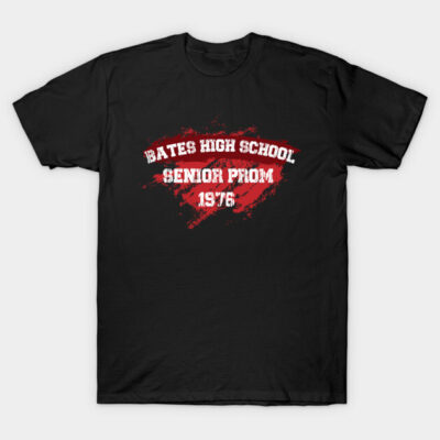 Black T-shirt with "Bates High School Senior Prom 1976" design in red and white text, casual cotton fabric.