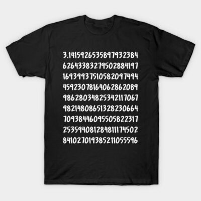 Black t-shirt featuring white Pi number sequence print, casual style, 100% cotton, perfect for math enthusiasts.