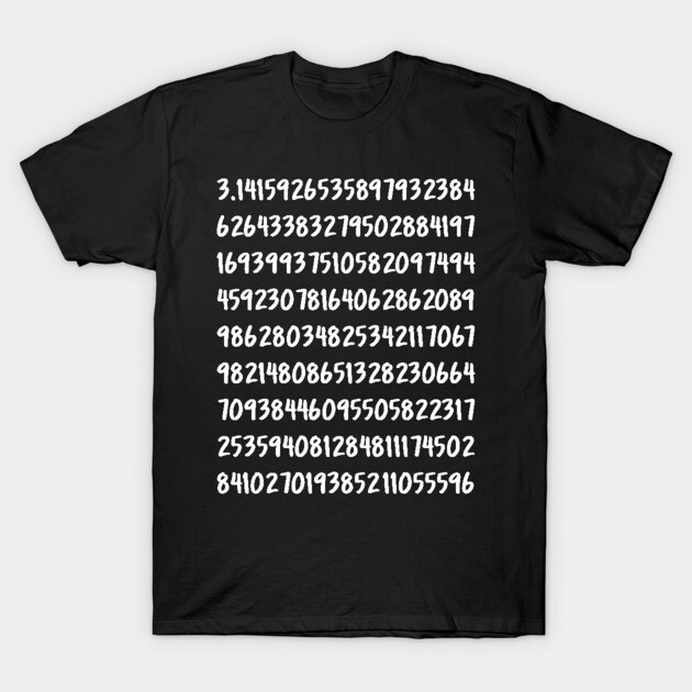 Black t-shirt featuring white Pi number sequence print, casual style, 100% cotton, perfect for math enthusiasts.