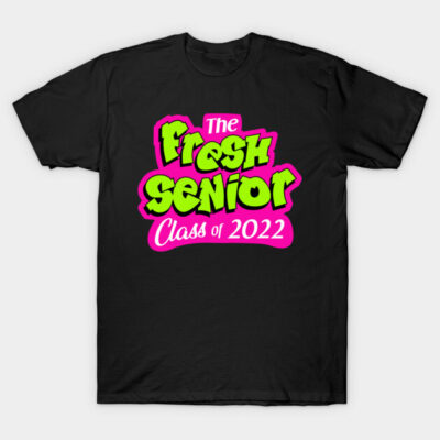 Black t-shirt with vibrant green and pink "Fresh Senior Class of 2022" graphic, casual style, cotton material.