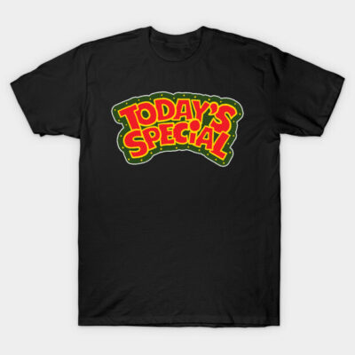 Black t-shirt with bold "Today's Special" text design in red and yellow, casual style, cotton material.