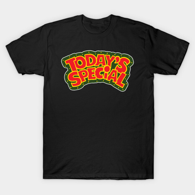 Black t-shirt with bold "Today's Special" text design in red and yellow, casual style, cotton material.